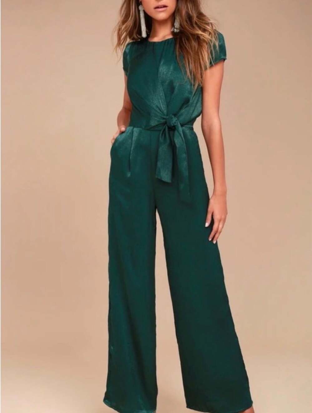 Lulus Tie Front Jumpsuit Size XS Hunter Green Satin